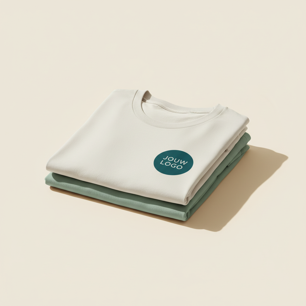 Gestapelde katoenen t-shirts in gebroken wit en sagegroen, bedrukt met een eigen logo