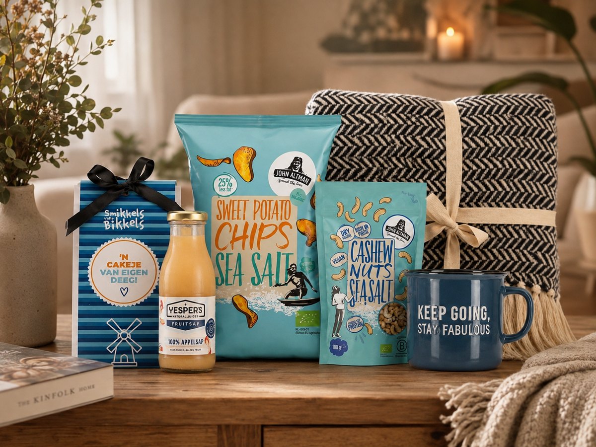 Kerstpakket met plaid, mok, sap, chips en cake op een houten tafel