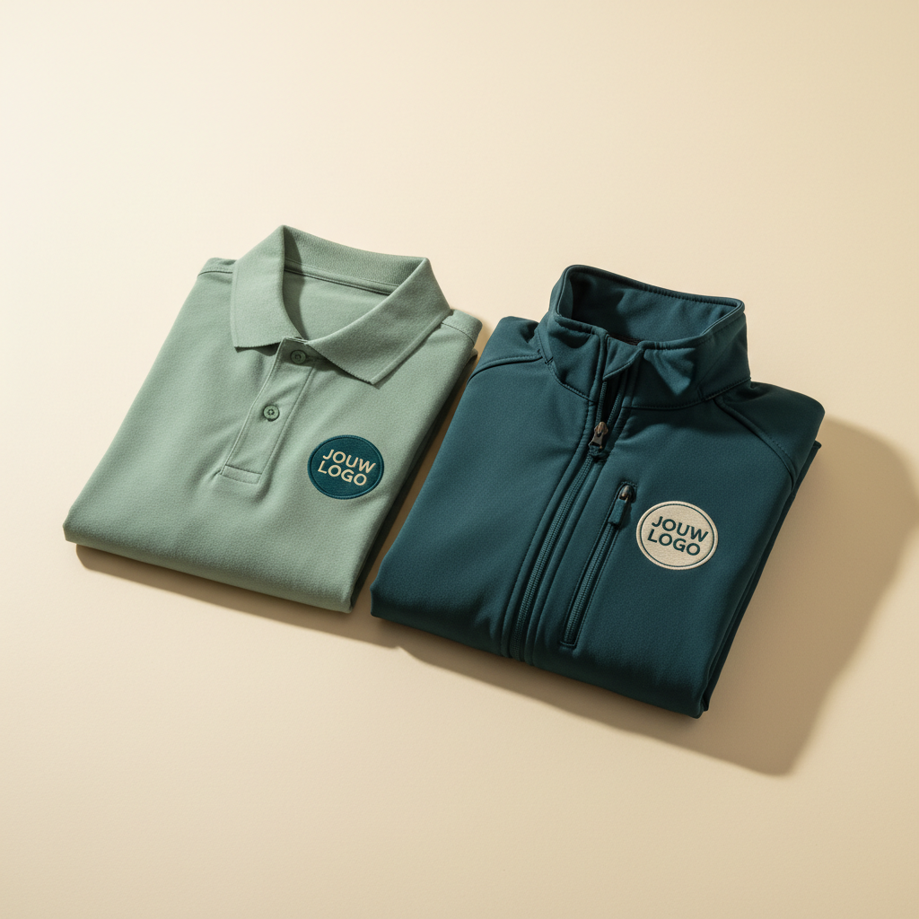 Sagegroene polo en donkergroene softshell jas, bedrukt met een eigen logo
