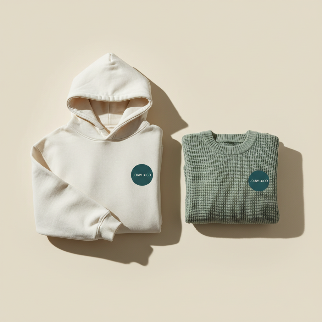 Gebroken witte hoodie en sagegroene gebreide trui, bedrukt met een eigen logo