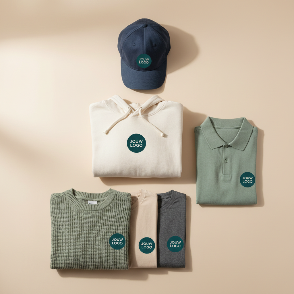 Complete kledinglijn met eigen logo: cap, hoodie, polo, trui en t-shirts, allemaal bedrukt met hetzelfde logo