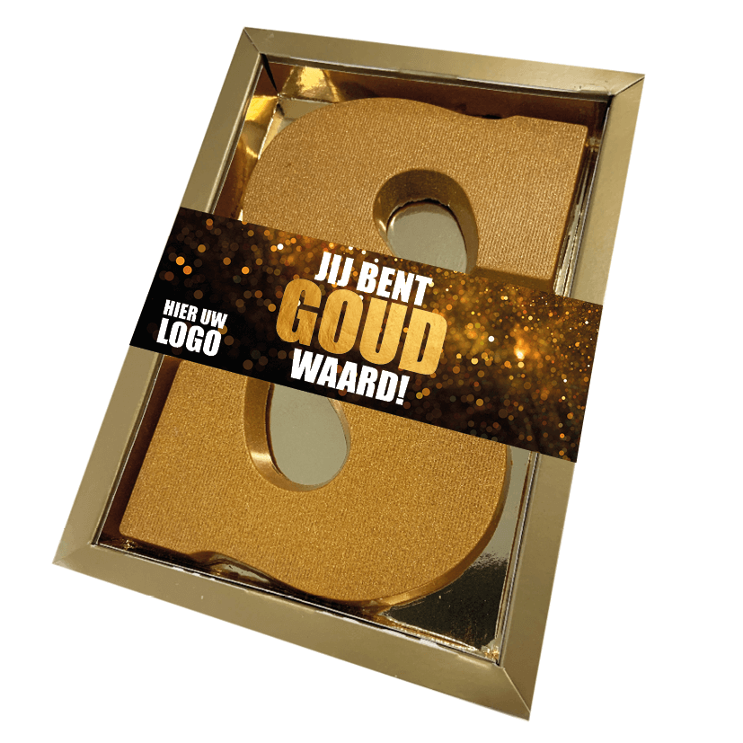 Chocoladeletter GOUD, JIJ BENT GOUD WAARD, inlclusief banderol