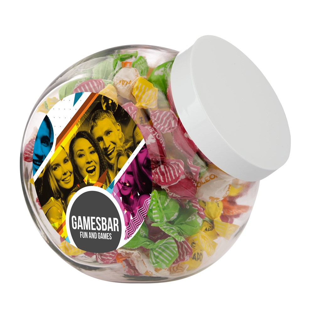 Glazen pot 2 liter, gevuld met snoep